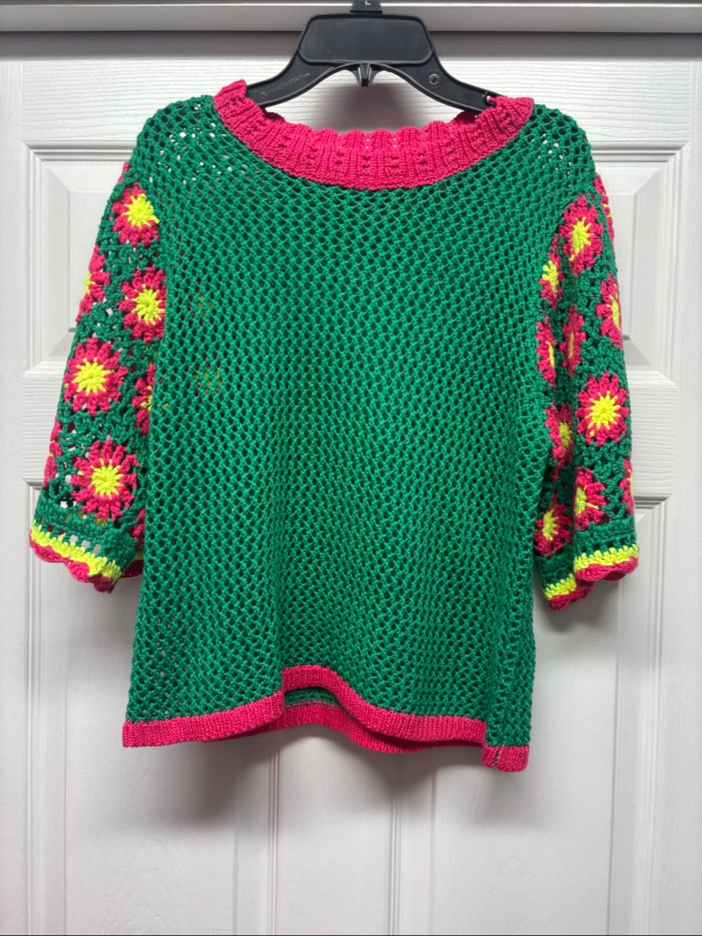 Jodifl Green Crochet Floral Sleeve Sweater with Pink Trim Small